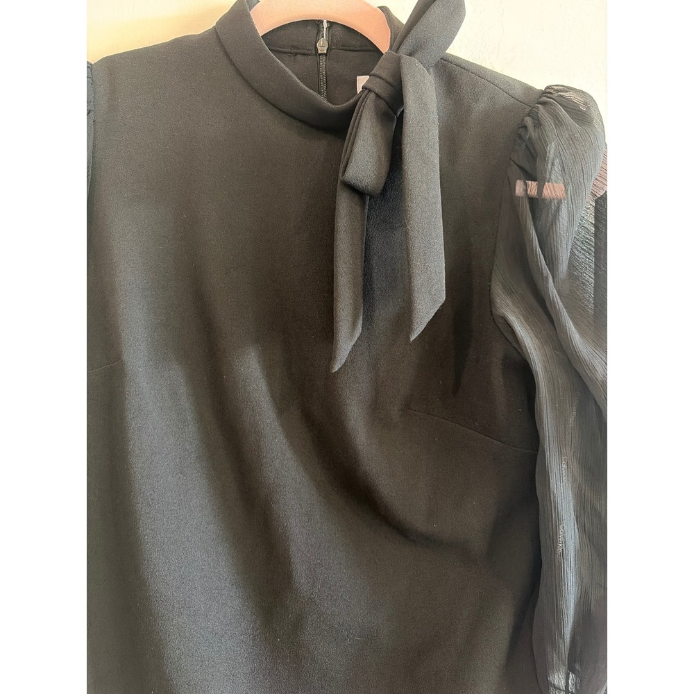 Calvin Klein Black Mock Neck Tie Bow Sheer Sleeve Shift Dress CD3C1P2X Size 4 - Picture 2 of 10